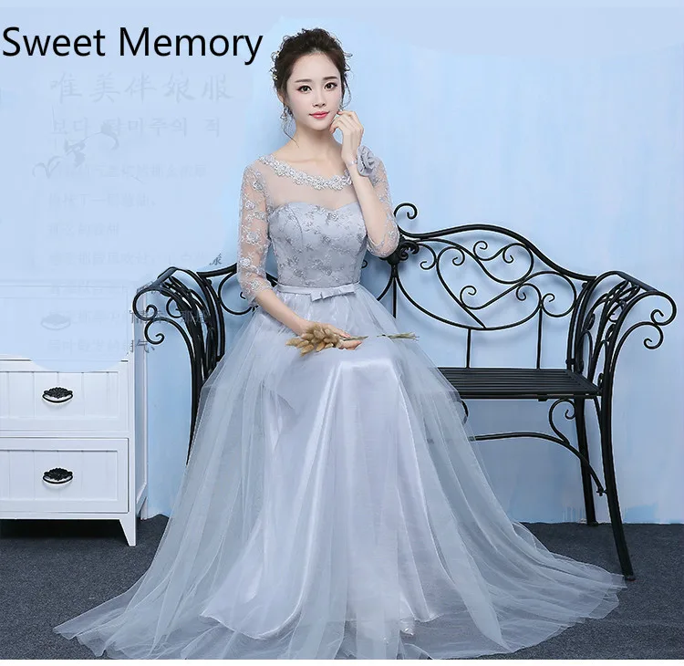 

Sweet Memory Illusion Sexy Gray Evening Dresses Robe Three Quarter Sleeves Grey Tulle Evening Dress SW1865