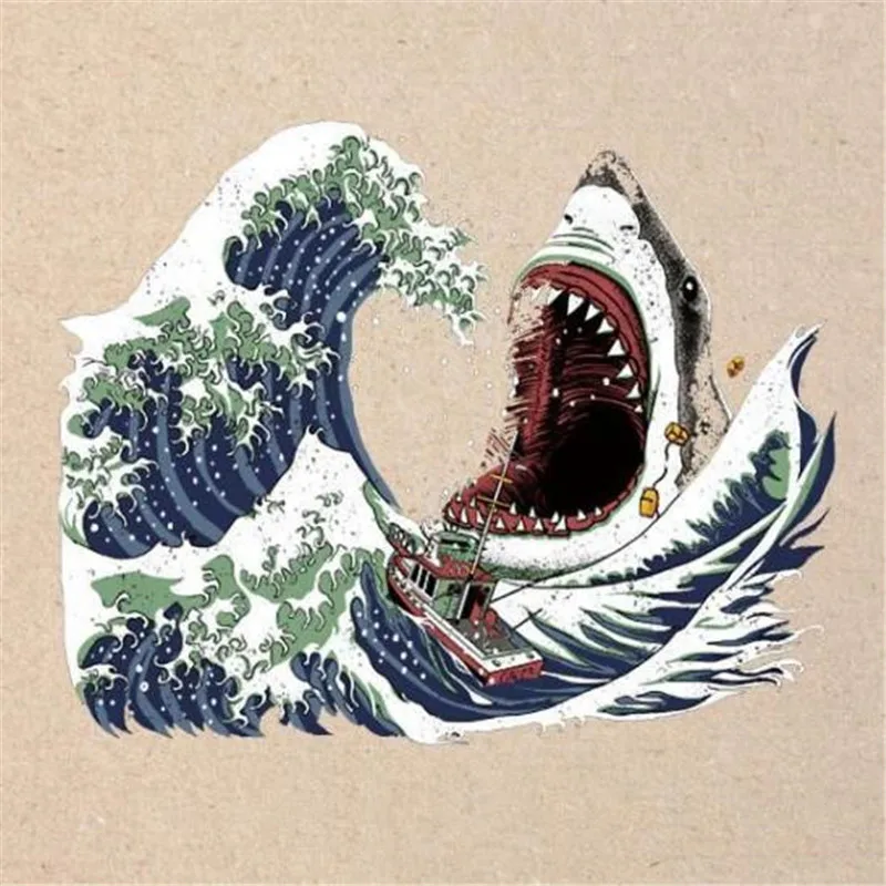 

Clothes printed patch deal with it shark sea wave pattern Heat transfer printing Iron on patches for clothing Diy design logo