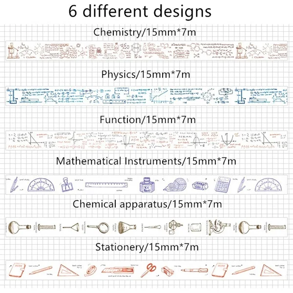 6 шт., бумажный скотч для учебы, 15 мм* 7 м, винтажные декоративные ленты, математические физики, канцелярские наклейки, скрапбукинг, A6817 - Цвет: 6 different tape