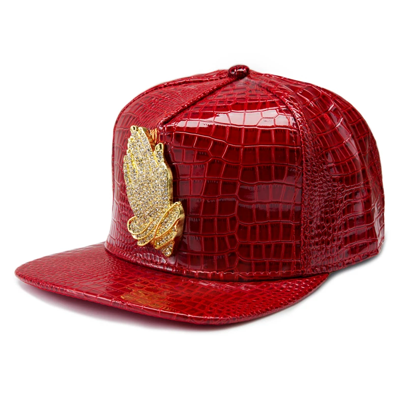 

Mens 5 Panel Cap Leather Praying Hands Hat Snapback Bling Gorras Hip Hop Rap Cap Brim Bone Red Black Golden Siver