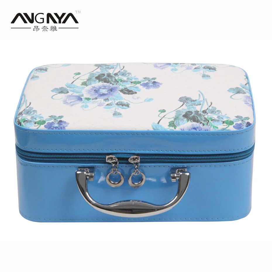 3Pcs/Set ANGNYA Flower Printed PU Leather Cosmetic Bag Travel Organizer Makeup Box Wash Toiletry Case For Women Color Blue