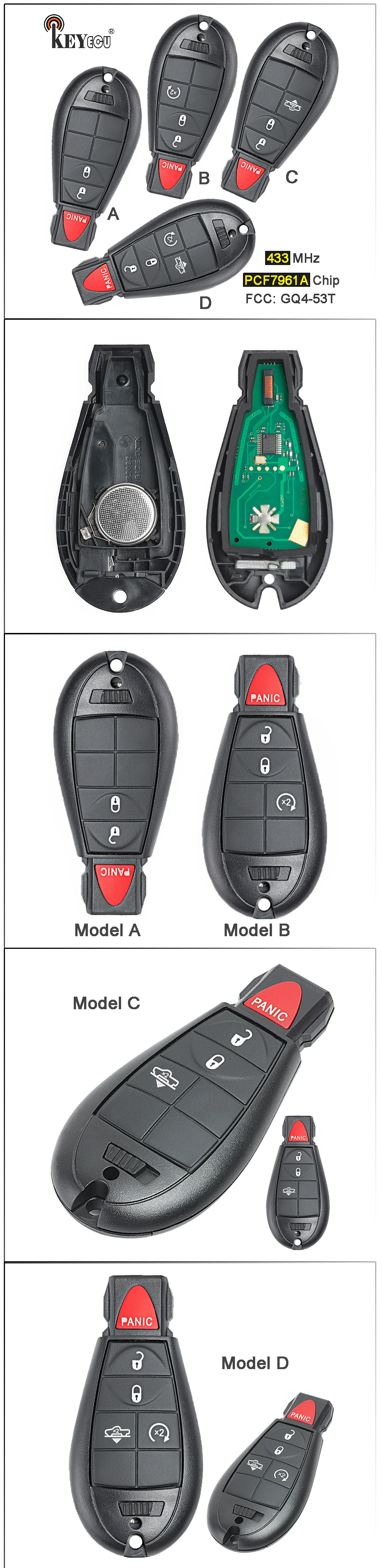 KEYECU 433 МГц PCF7961A чип GQ4-53T 2+ 1/3+ 1 4/4+ 1 5 кнопки дистанционного ключа Fobik брелок для Dodge Оперативная память 1500 2500 3500 4500 2013