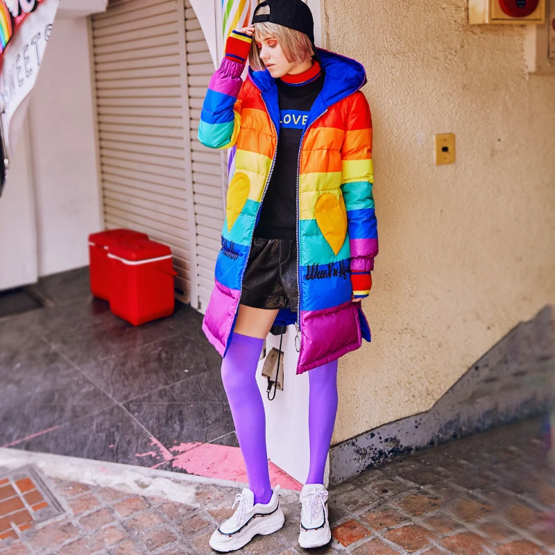 2019 Winter thick white duck down patchwork Down Coats women fashion color long hooded double-sided down jackets