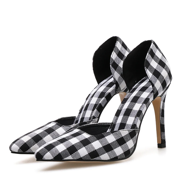 

2019 Women Summer 7.5cm High Heels Shallow Sandals Lady D'Orsay Pumps Female Dress Plaid Sandals Stiletto Low Heels Shoes YQS-24