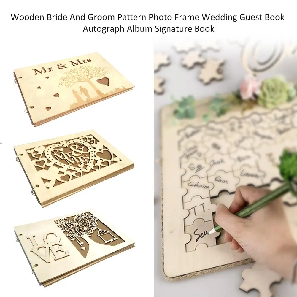

Wooden Bride And Groom Pattern Photo Frame Wedding Guest Book Autograph Album Signature Book Wedding Album Gift For Couple