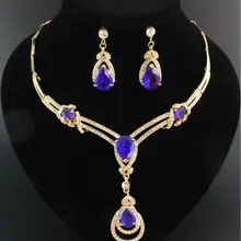Горячая золотого цвета ожерелье серьги набор для невесты Синий Циркон Ювелирный Набор свадебное ювелирное изделие набор для женщин