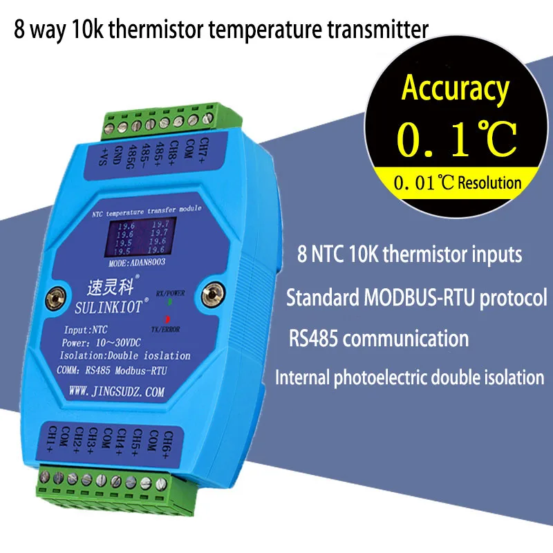 

ADAN8003 temperature transmitter module 10K NTC thermistor high precision 0.01 degree RS485 8 channel