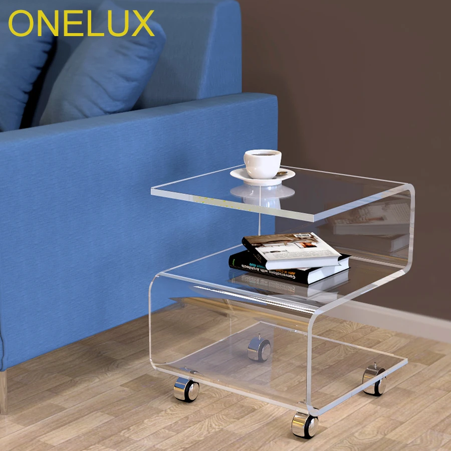 S-Shaped Acrylic Side Coffee Table On Wheels,Rolling Lucite Occasional End Corner Tea Tables - 45W-42D-52H CM