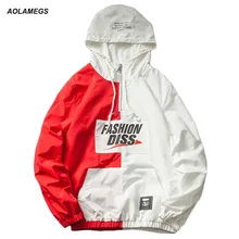 

Aolamegs Men Jacket Patchwork Hooded Plus size Jackets Windbreaker Outwear Japanese Youth Loose Style Windproof Half Zipper Coat