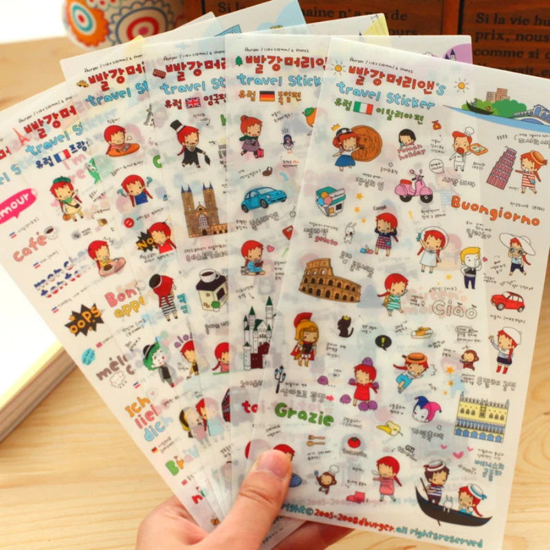 12 sheet cute cartoon kawaii girl travel sticker calendar scrapbook