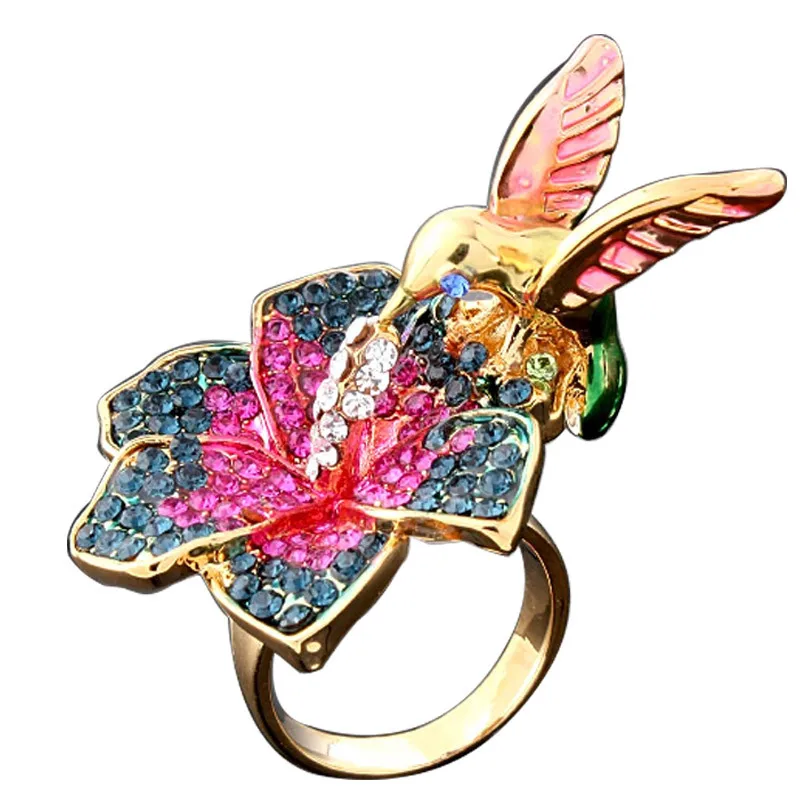New 2016 Fashion Gold Plated Alloy Ring Color Flower And Bird