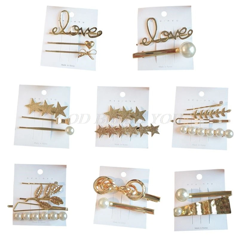 

Minimalist Metallic Gold Geometric Hairpin Women Faux Pearl Bead Love Letter Hair Clip Glitter Star Long Strip Duckbill Barrette