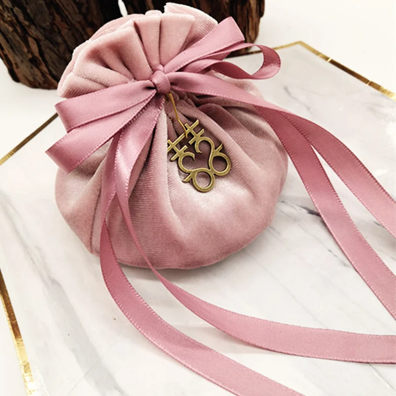 

15x12cm Pink Vevelt With Pink Ribbon Velvet Drawstring Bag Round Bottom MP3 Jewelry Wedding Candy Packaging Pouch Bags 5pcs