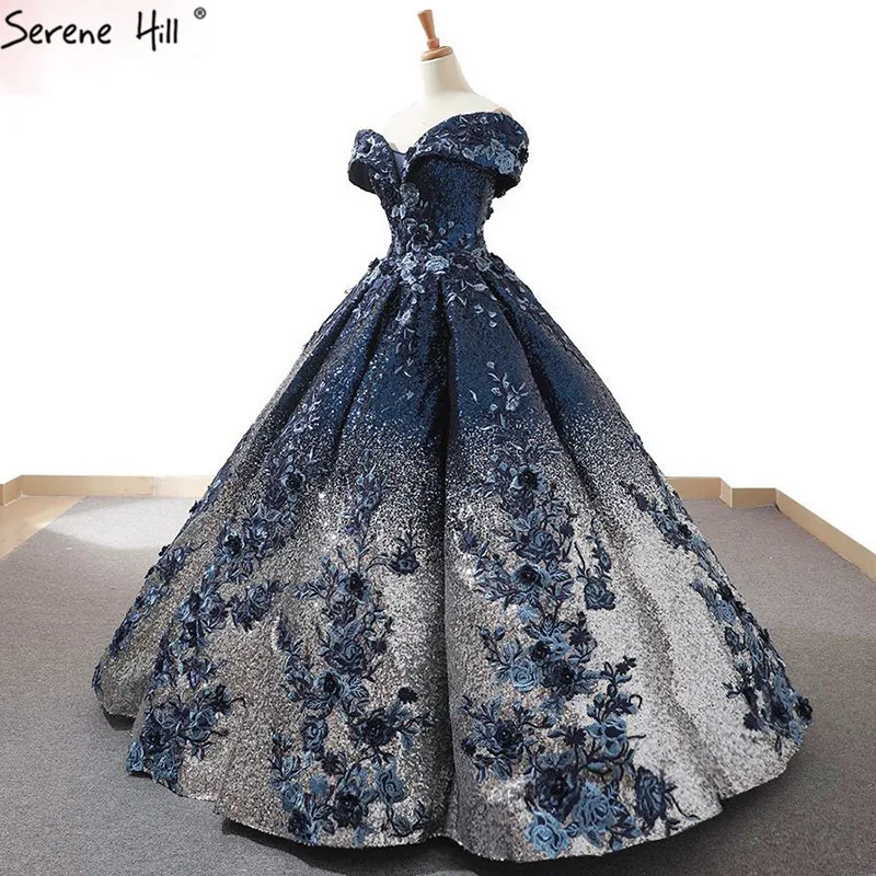 

Blue Handmade Flowers Sequined Sparkle Bridal Wedding Dresses 2019 High-end Off Shoulder Sexy Weddding Gown Real Photo