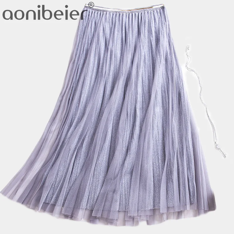 Aonibeier Новая мода весна лето Эластичная Высокая талия миди светоотражающий сетчатый юбки Повседневные женские разноцветные плиссированные юбки