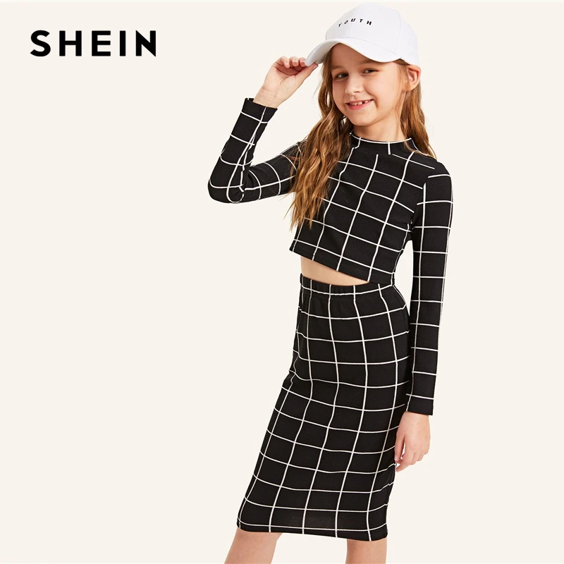 Beste SHEIN Kiddie Meisjes Stand Kraag Zwarte Plaid Crop Top Met Rok Casual Pak Set Kids 2019 Herfst Lange Mouwen Skinny outfits