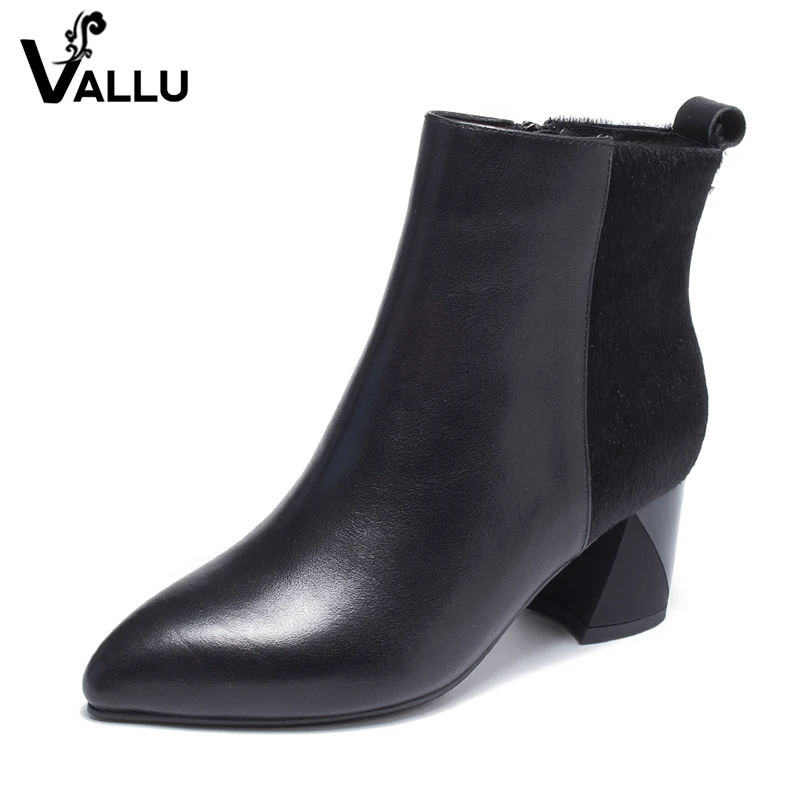 

VALLU 2018 VALLU Fashion High Heel Shoes Women Ankle Boots Pointed Toes Block Heels Genuine Leather Ladies Boots