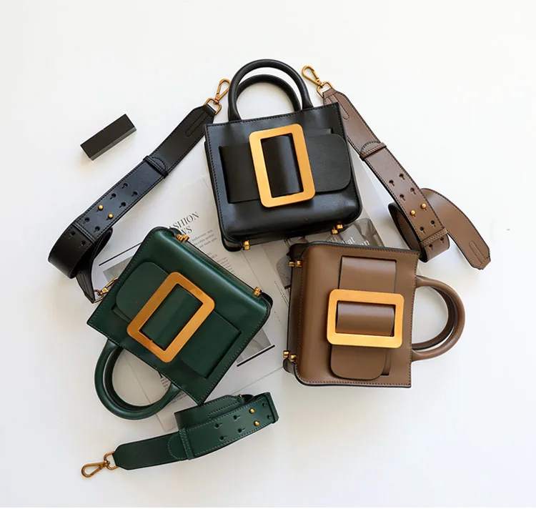 Couro genuíno bolsa feminina grande fivela bolsa