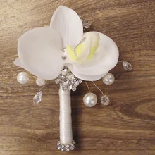 Индивидуальный заказ старшие горный хрусталь бутаньерка жениха Стразы Жемчуг Брошь бутоньерка Белый фаленопсис мужчины лучший мужской корсаж