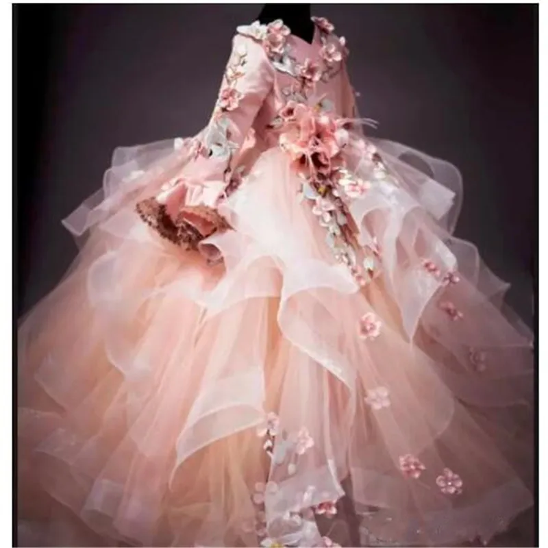

Luxury Flower Girl Dresses Floral Applique V-Neck Lace-Up Fluffy Ball Gown For Birthday Pretty Communion Dress Kids Formal Wear