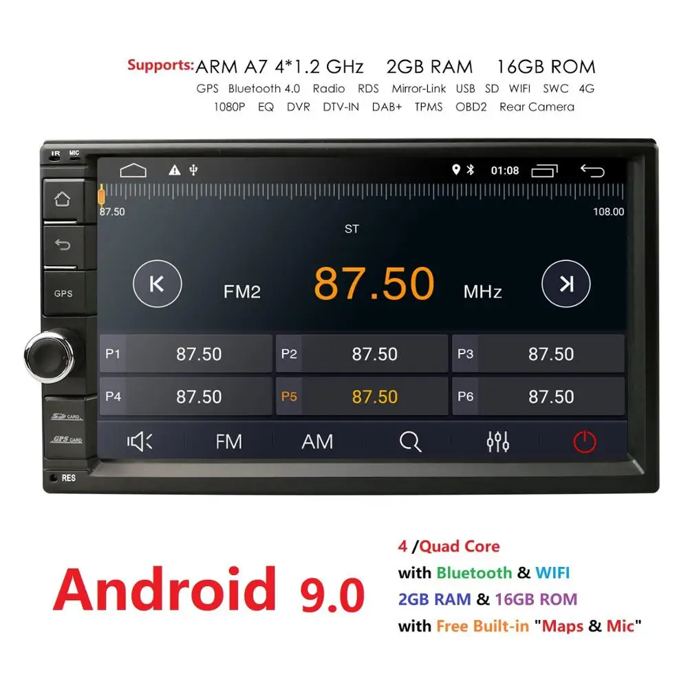 

7 inch Android 9.0 dab Car Radio 2Din 4G Universal Bluetooth Autoradio 1024*600 GPS Navigation For Nissan Hyundai 2G RAM SWC DAB