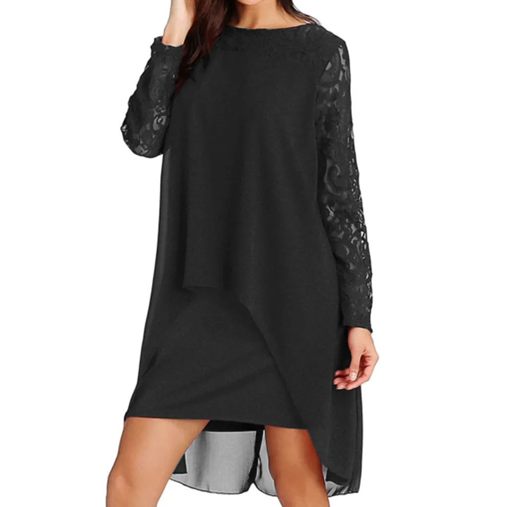

Plus Size S-5XL Women New Fashion Chiffon Overlay Dress Ladies Long Sleeve Oversize Lace Dress vestidos casuales mujer 2018