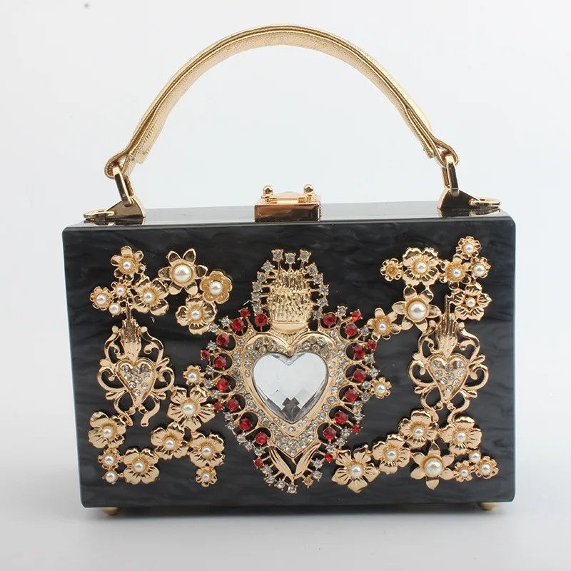 

Luxury Haeart Shape Diamonds Clutch Evening Bag Acrylic Women's Handbag Alloy Flower Mini Totes Wedding Party Shoulder Bag Purse