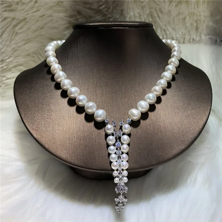 

Hot sell new style 43cm 9-10mm white freshwater pearl necklace zircon accessories sweater chain fashion jewelry