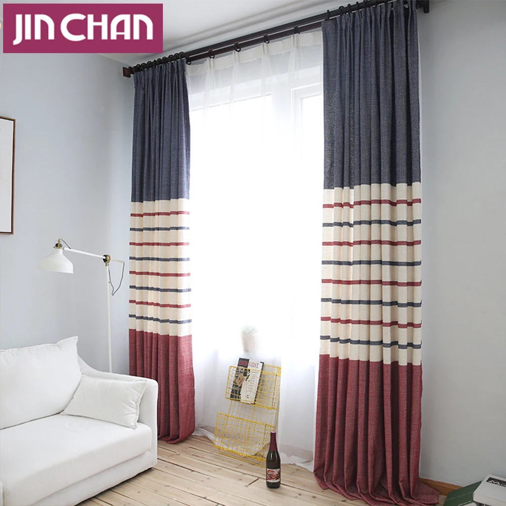 Blue and Red Stripe Design Linen Room Darkening Window Curtains Panels