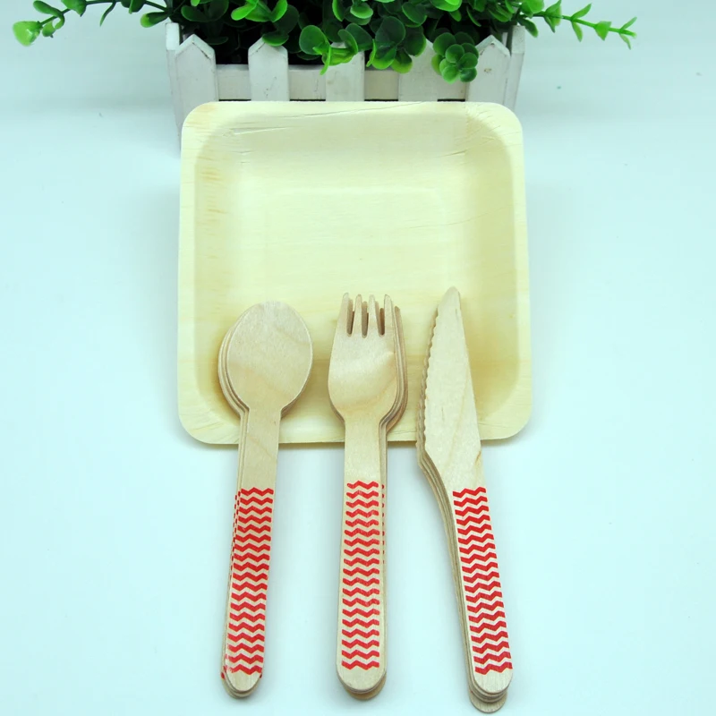 18 шт.(6 комплектов) одноразовая посуда наборы ножи+ ложки+ вилки столовые приборы для торжеств натуральное дерево дешевая посуда