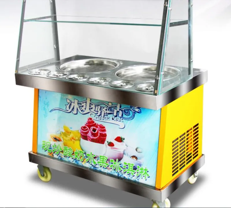 double pan 6 buckets fried ice cream roll machine, double compressor Fried ice pan machine,R22 fry ice machine with LED lighting 2016 new double round pan fry ice cream roll machine 45cm 2800w luxurious intelligent double pan milk roller with r410a
