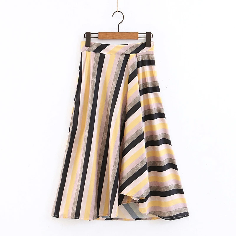 Fashion Mid Calf Striped Skirts Women Summer Spring High Waist Zipper Slim Irregular Skirt