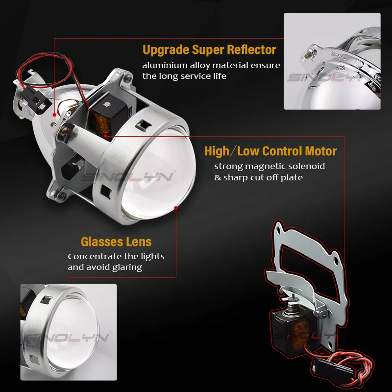 Sinolyn HID Projector Headlight Lenses Bi-xenon 3 Inch Lens Super Full Metal H7 H4 Car Accessories Tuning DIY Use H1 Xenon Bulb