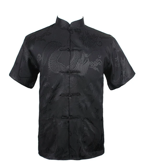 Black Chinese Tradition Style Men's Dragon Pattern Shirt Kung Fu Short