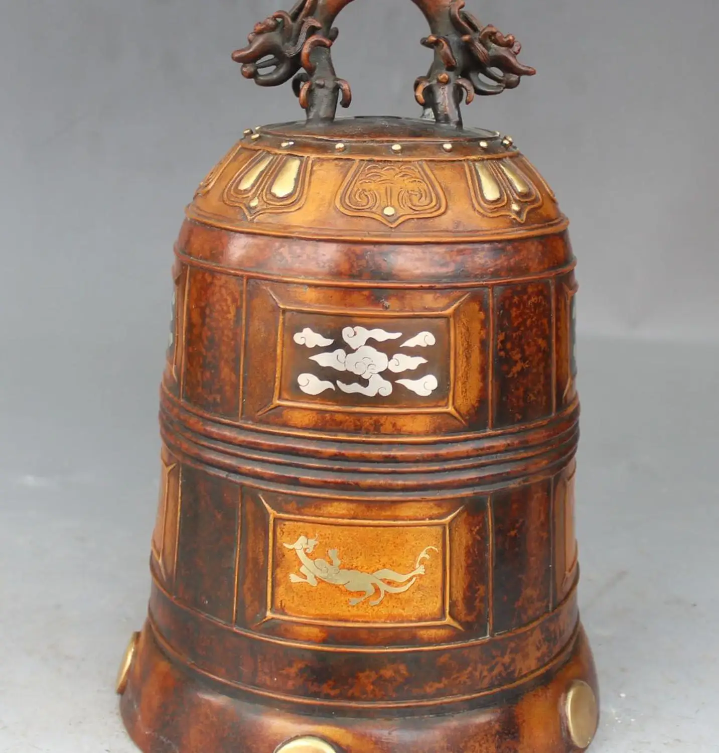 

13" Tibet Buddhism Temple Purple Bronze Dragon Beast Bell Zhong Statue Sculpture