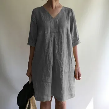

Summer Dress Solid Dress Half Shell V -cut Cotton Linen Casual Party Mini Clothes Lose Beach Clothes Summer Dress 2019 Neue