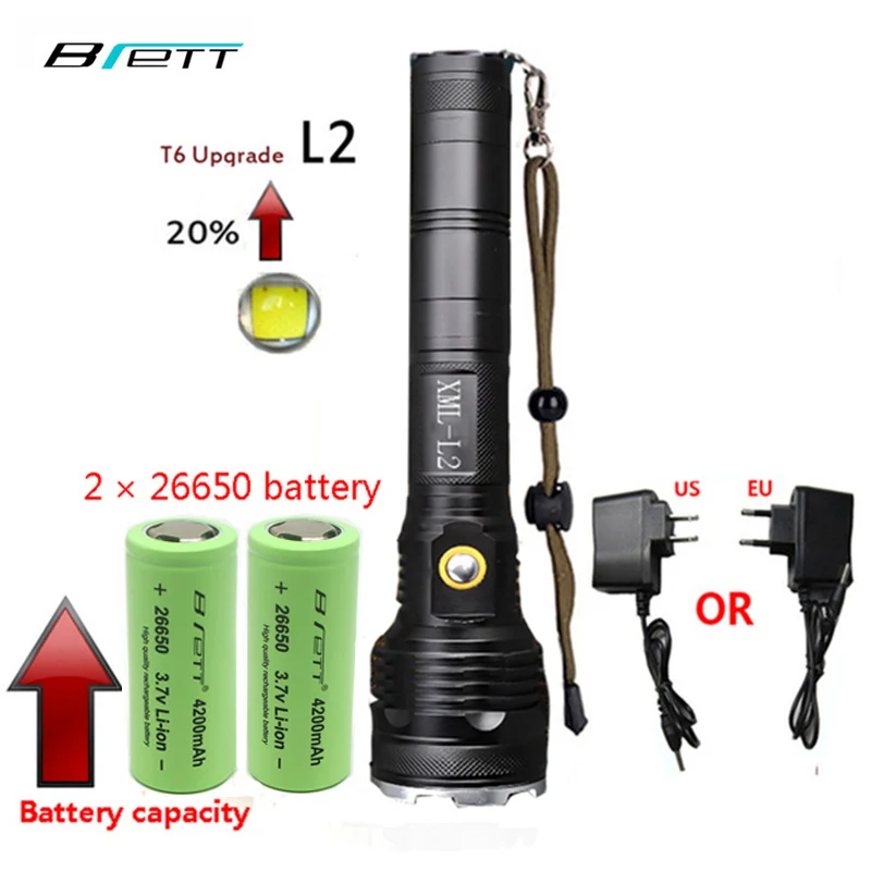 LED flashlight XM-L2 super t6 Shock Resistant Self Defense 26650 battery LED rechargeable torch flashlight