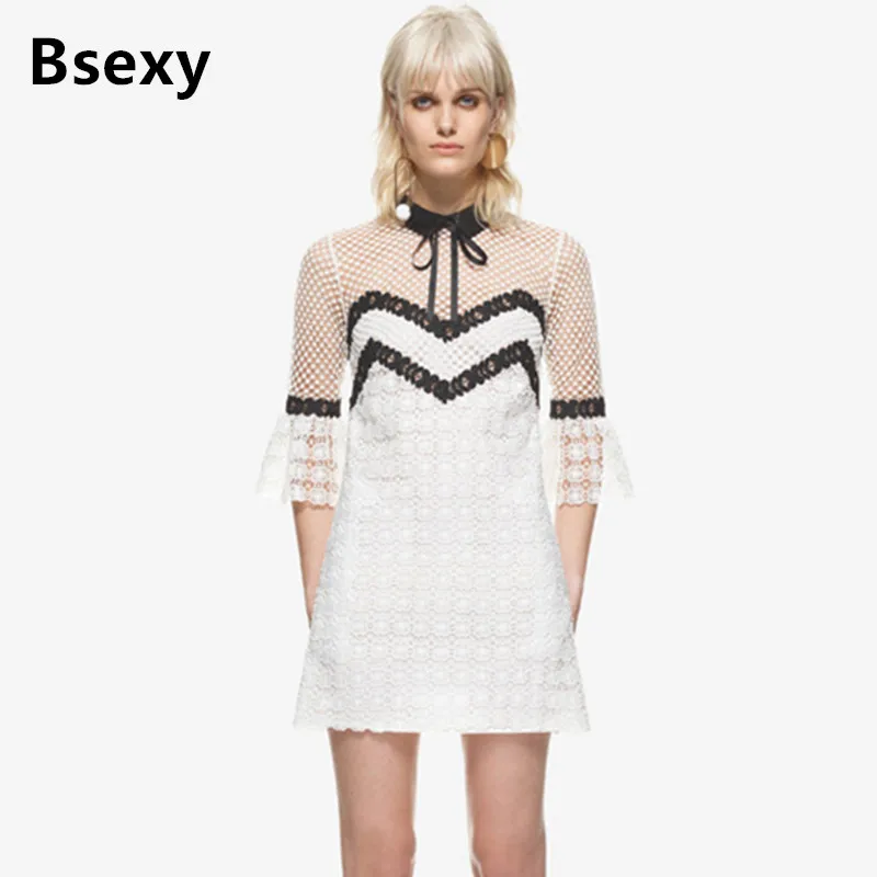 vestido de festa curto 2017 self portrait peter pan collar flare sleeve white lace dress women Runway cute short party dress