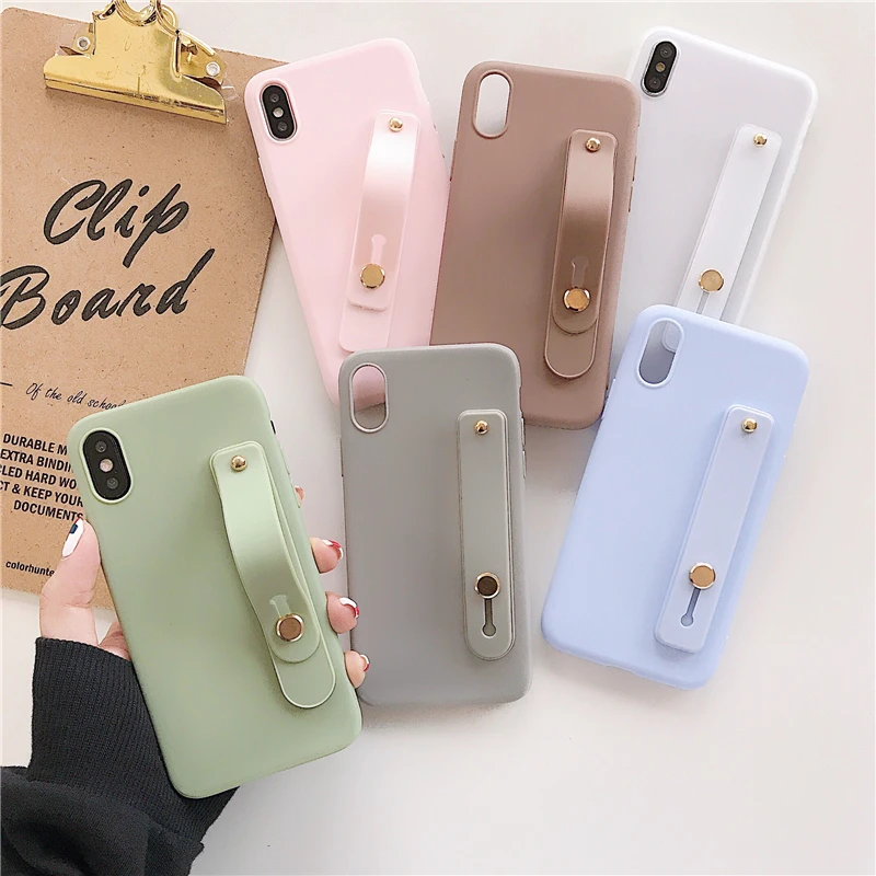 Simple Matte Candy Wrist Strap Hand Band silicone case for iPhone 6 6s 7 8 Plus X Xr Xs Max Back Phone Stand Ring Protect Cover