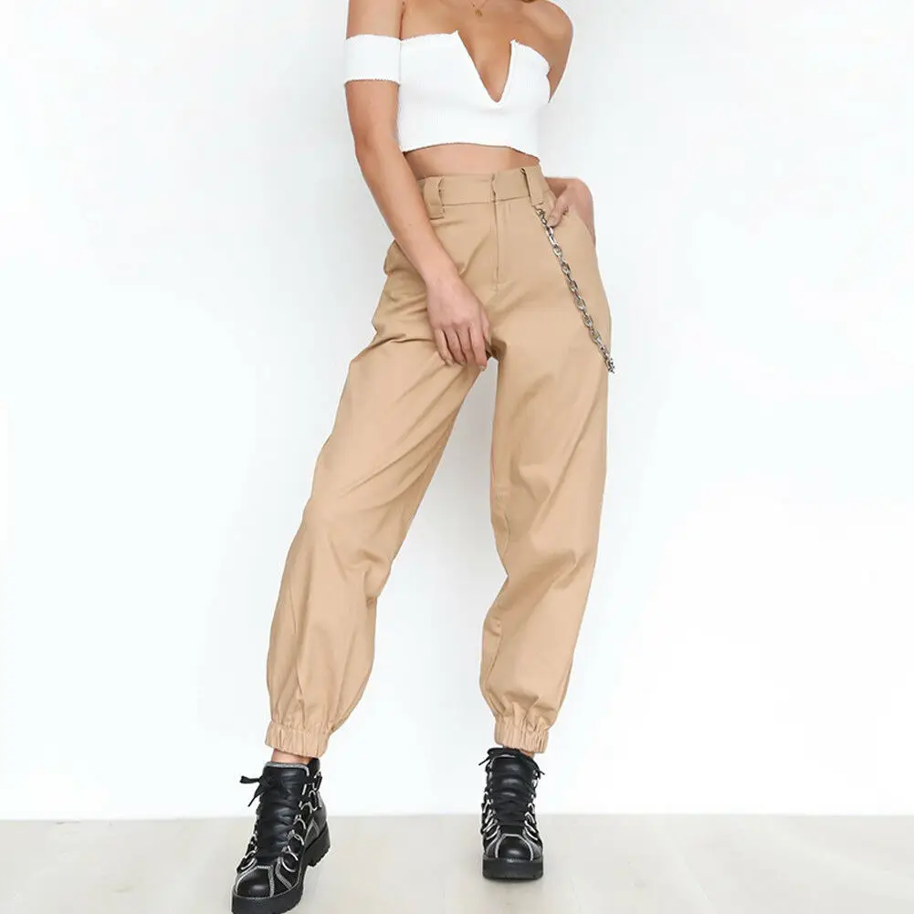 Классные хип-хоп брюки карго военные бойфренды женские длинные брюки Твердые панк свободные брюки с высокой талией - Цвет: Хаки