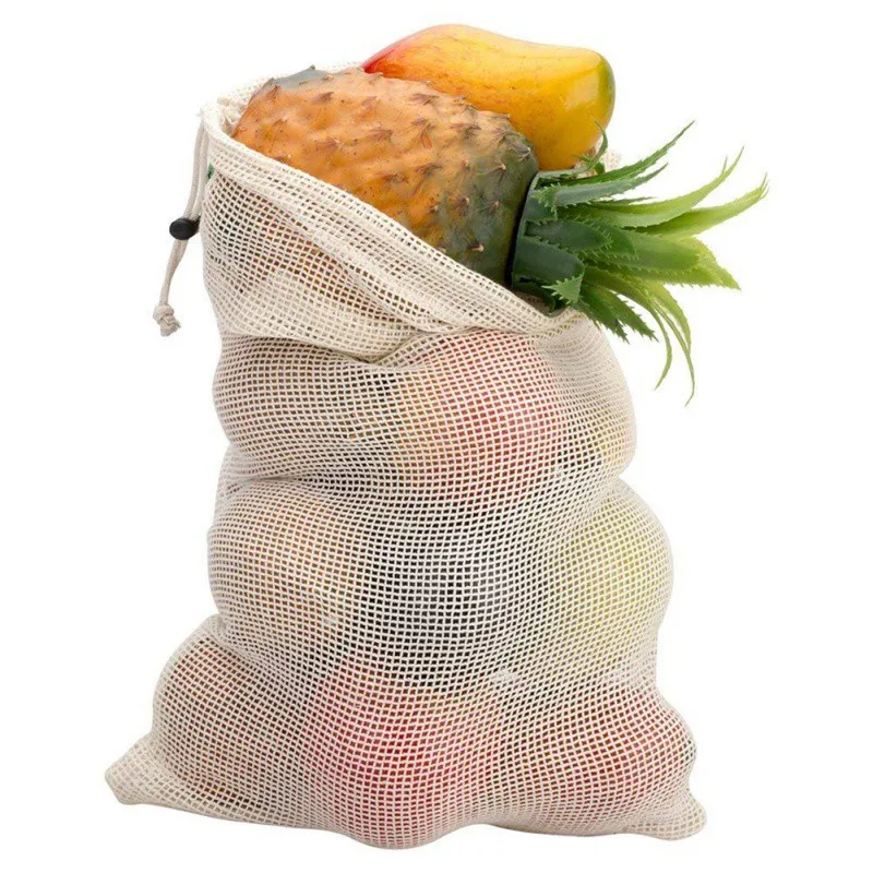 

1Pcs Cotton Mesh Vegetables Storage Bags for Kitchen Eco-friendly Fruit Organization Bag with Drawstring Reusable Washable Z
