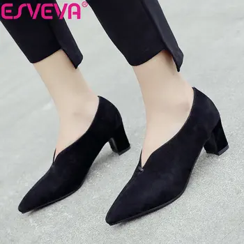 

ESVEVA 2019 Handmade Women Pumps Slip on Flock Square High Heels Pointed Toe Shallow Women Shoes Fashion High Heels Size 34-43