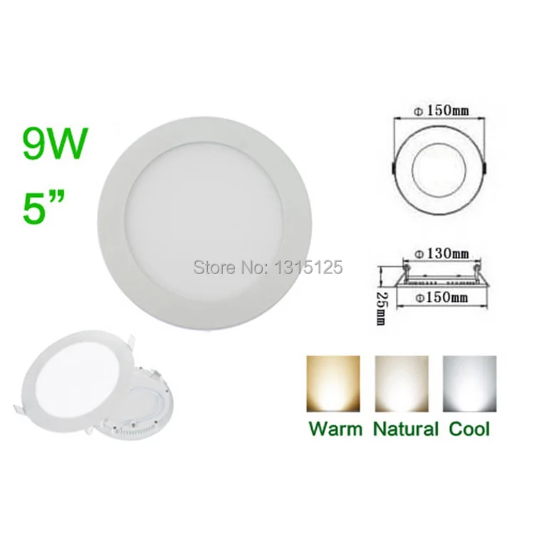 

High quality 9W Round 2835 SMD LED Recessed Ceiling Light wholesale AC85-265V LED Panel Light industrial lighting +Free Shipping