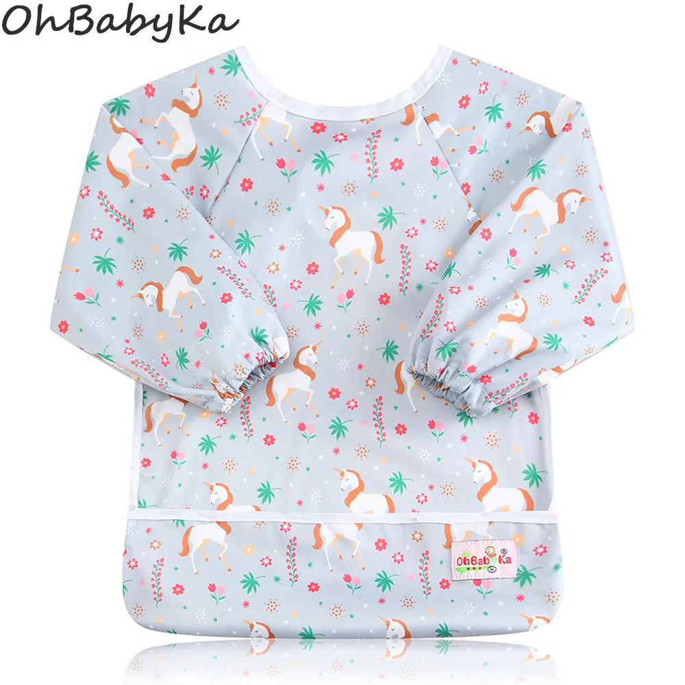 

Ohbabyka Unicorn Baby Bibs Feeding Clothes Waterproof Long Sleeve Infant Bibs&Burp with Pocket Baberos Impermeables Baby Slabber