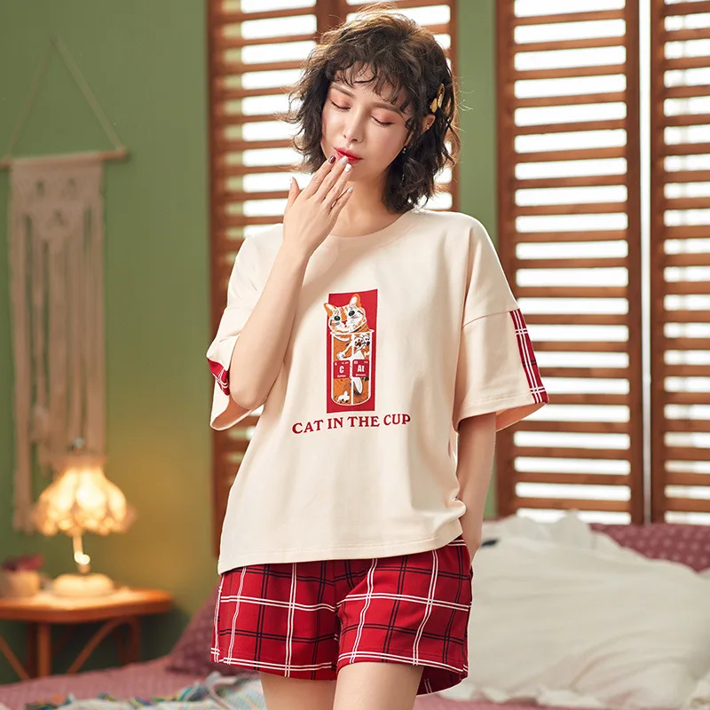 

Summer women pijamas set Cute cartoon cat short sleeve shirt+Plaid shorts 2pcs lounge wear pijama verano mujer algodon pejamas