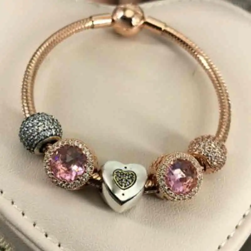 

Original 925 Silver Charm Series Bead Pink Rose Gold Lady Jewelry Gift Fashion Pandol 1:1 With Logo Original Bracelet