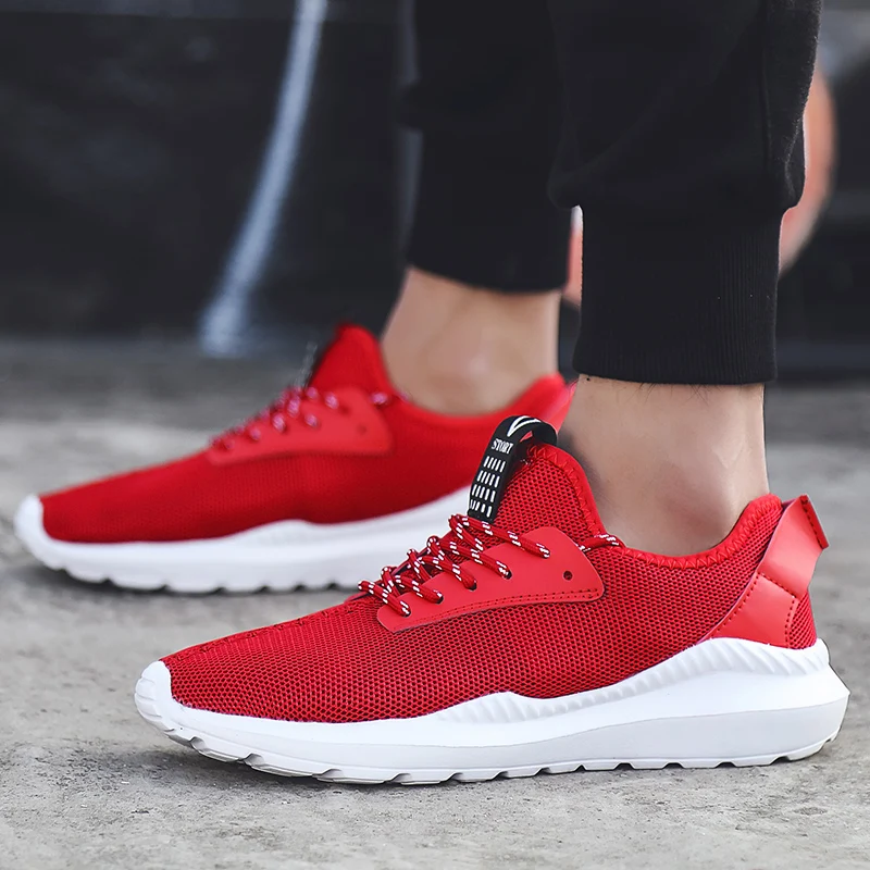 

2019 Brand Fashion Men Breathable Summer Sneakers Size 39-46 Soft Light Soles Male Casual Mesh Shoes Black Red Grey Colors