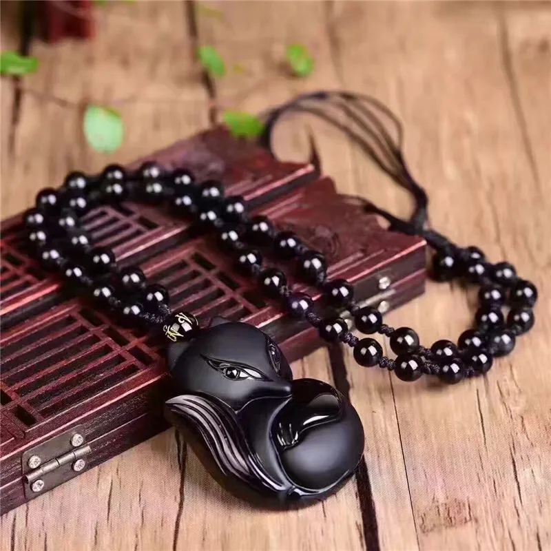 Китайская Обсидиановая лиса ожерелье из бисера Шарм ювелирные изделия Модные аксессуары ручной работы человек счастливый амулет подарки
