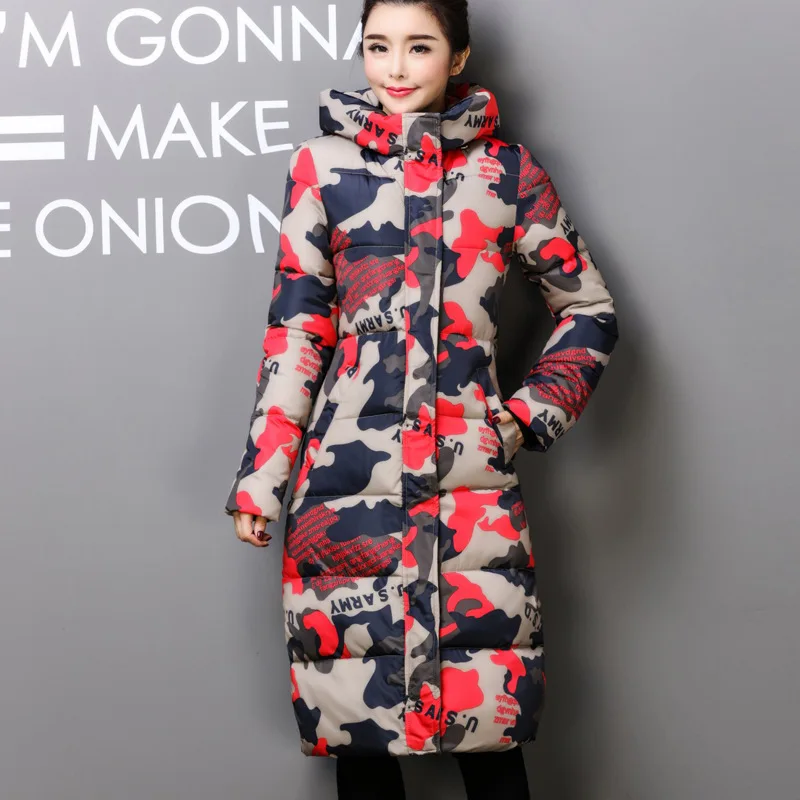 Женская куртка с принтом Экстрим зима размера плюс casaco de одежда теплые длинные парки женские с капюшоном ватные mujer звезда пальто MZ905 - Цвет: camouflage red