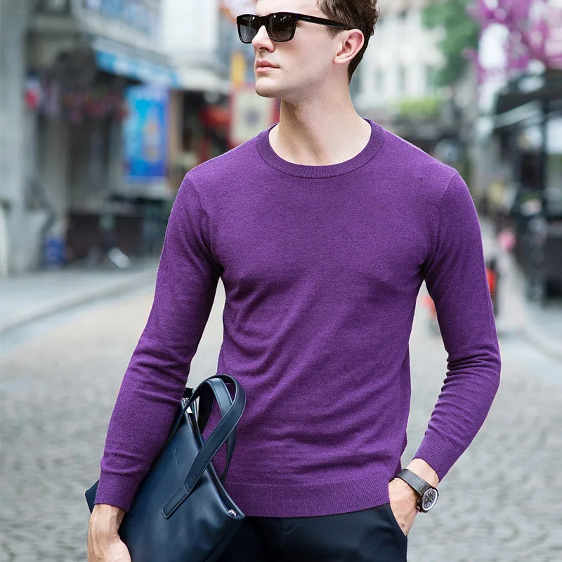 Повседневные мужские шерстяные свитера с длинными рукавами, Новые пуловеры, весенние деловые вязаные свитера с круглым вырезом, Мужской умный Повседневный свитер - Цвет: Dark Purple